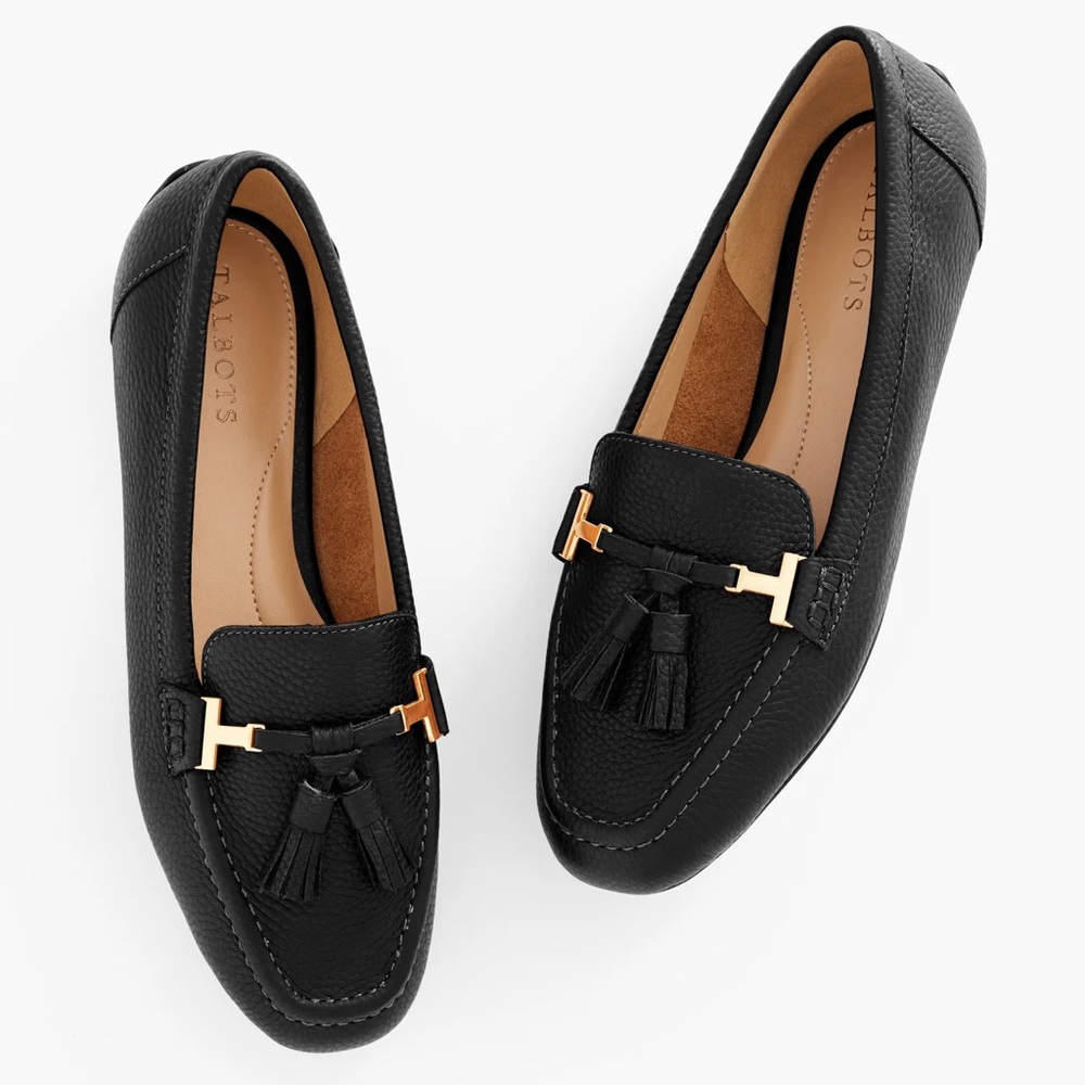 Talbots Jessie Tassel Pebble Leather Driving Moccasins black Horsebit Size 6.5